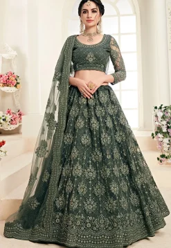 Embroidered Net Lehenga in Dusty Green