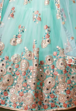 Embroidered Net Lehenga in Sea Green