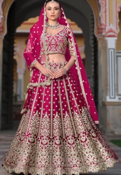 Embroidered Net Lehenga in Pink