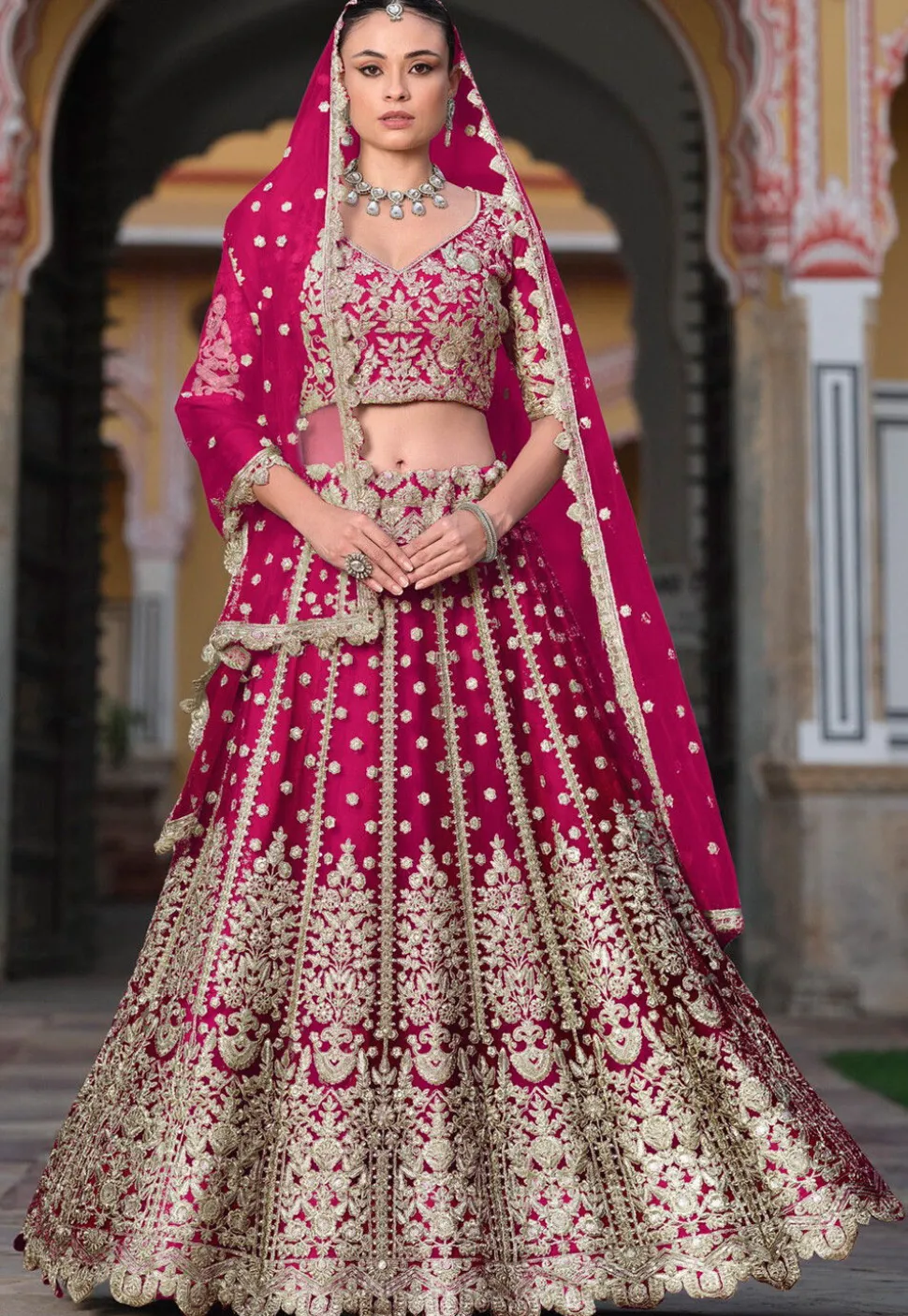 Embroidered Net Lehenga in Pink