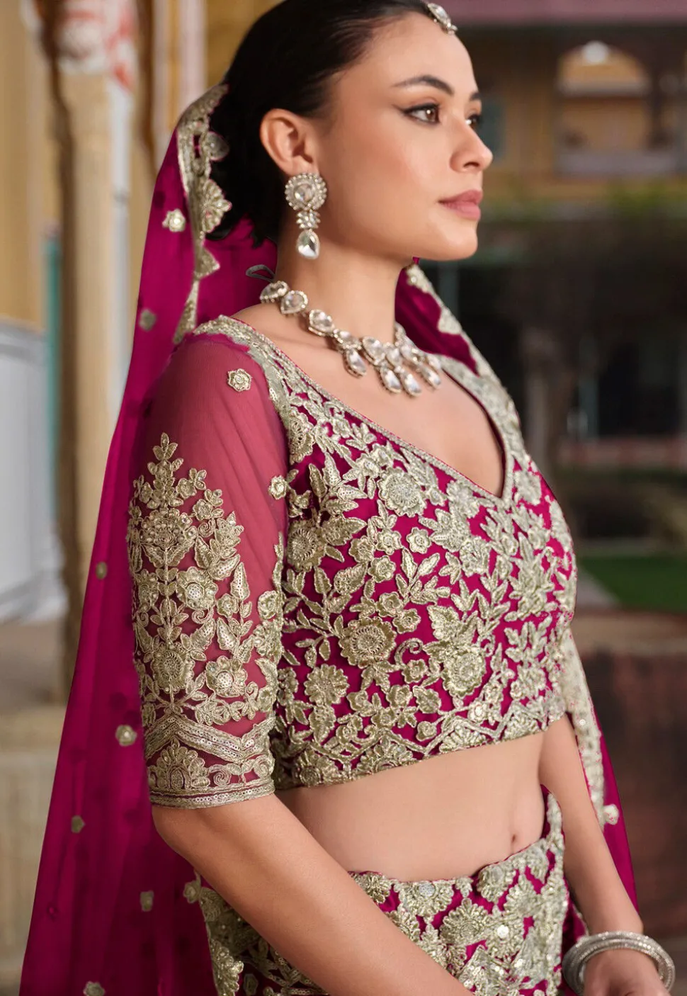 Embroidered Net Lehenga in Pink