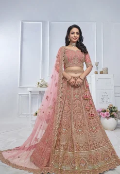 Embroidered Net Lehenga in Pink