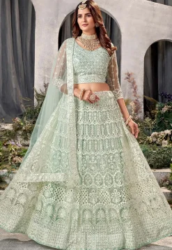 Embroidered Net Lehenga in Sea Green