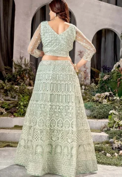 Embroidered Net Lehenga in Sea Green