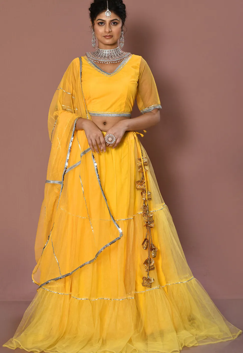 Embroidered Net Lehenga in Yellow