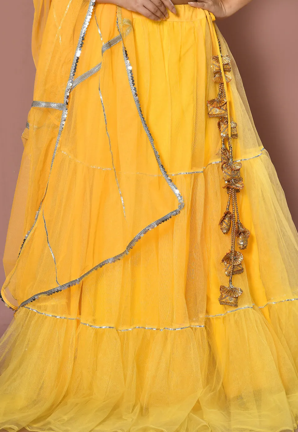 Embroidered Net Lehenga in Yellow
