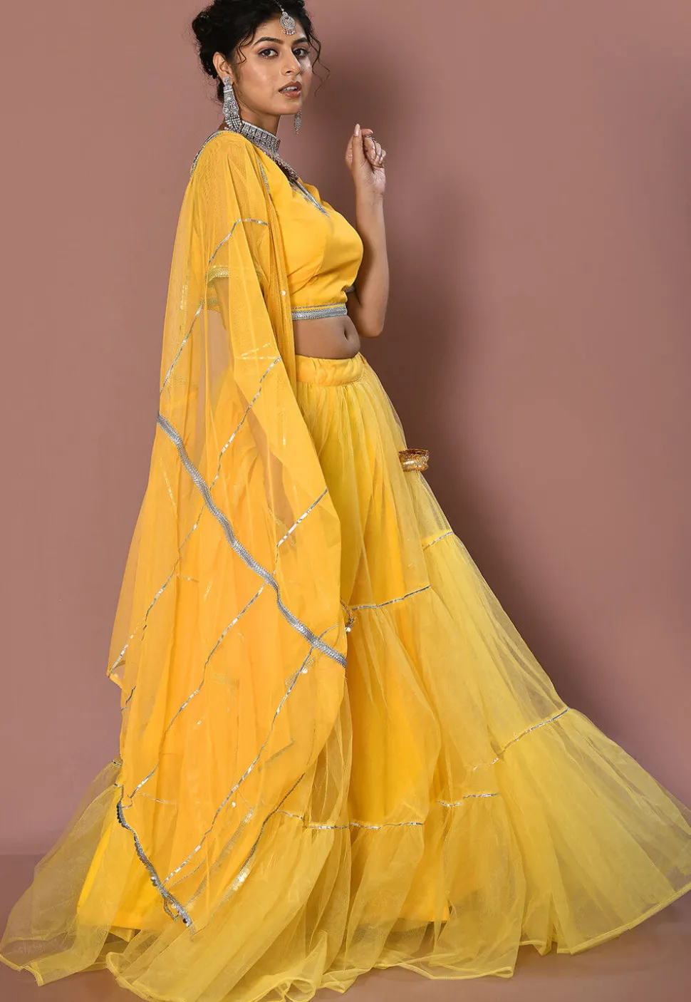 Embroidered Net Lehenga in Yellow