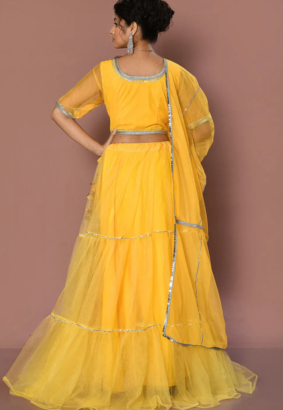 Embroidered Net Lehenga in Yellow