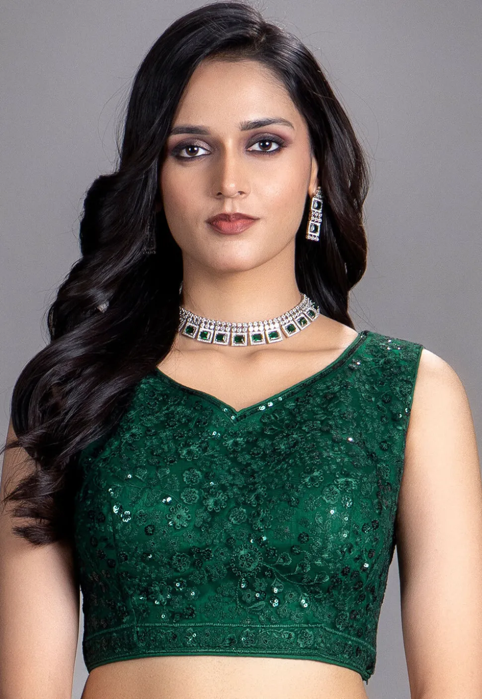 Embroidered Net Lehenga in Dark Green