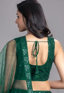 Embroidered Net Lehenga in Dark Green