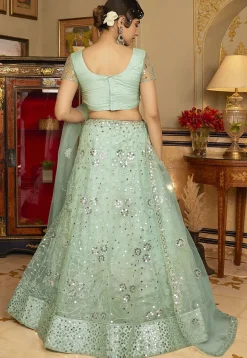 Embroidered Net Lehenga in Light Green