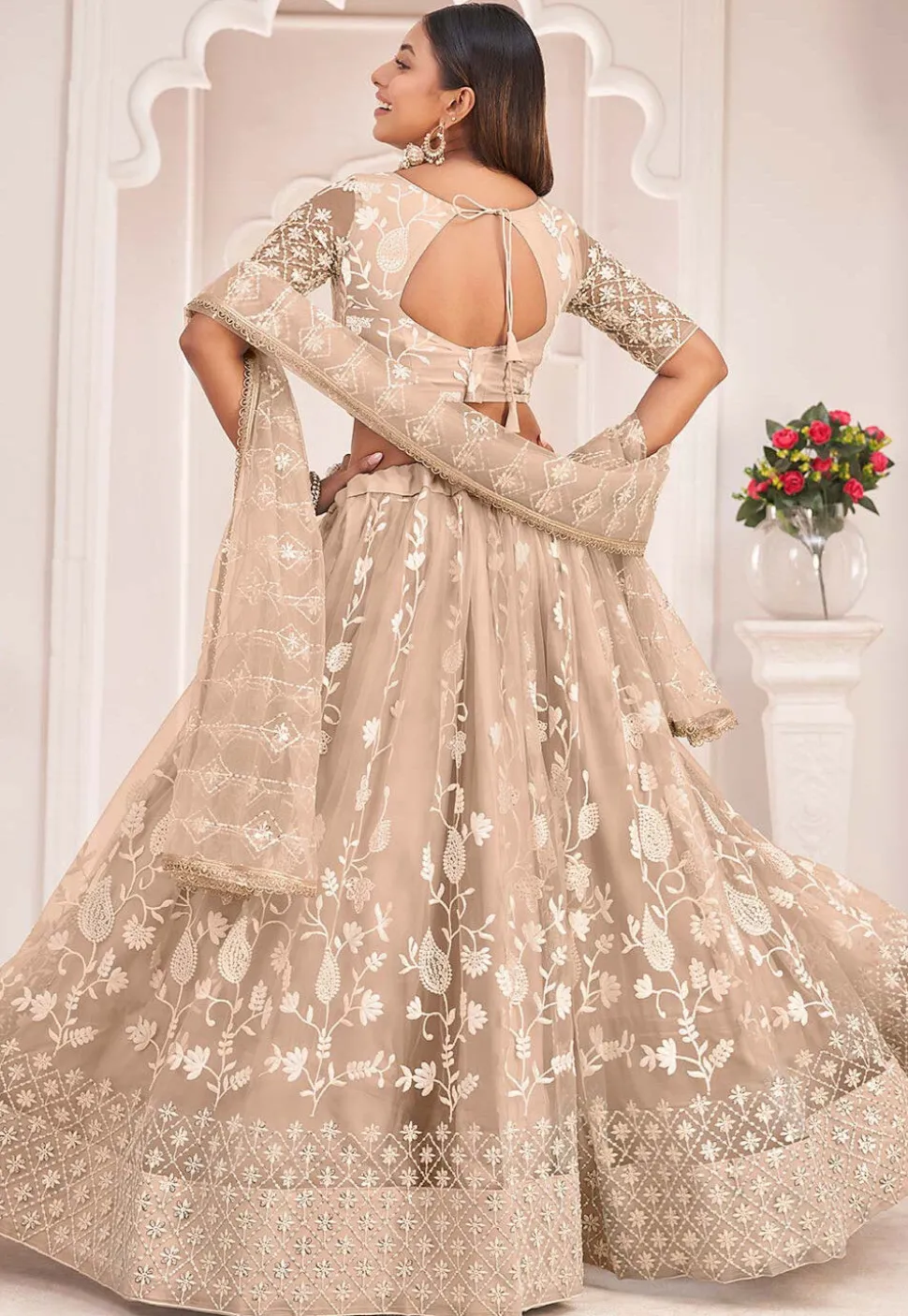 Embroidered Net Lehenga in Beige