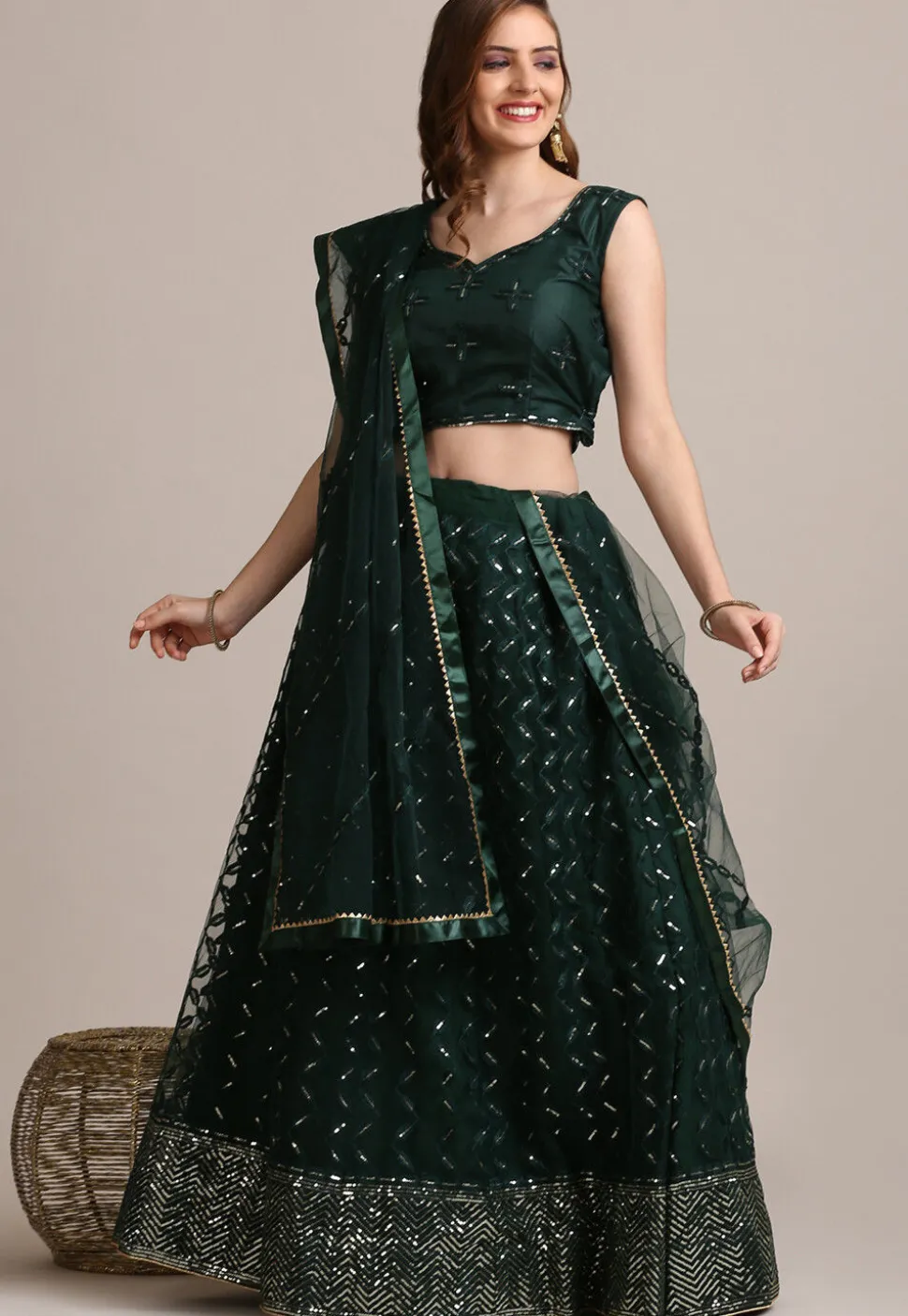 Embroidered Net Lehenga in Dark Green