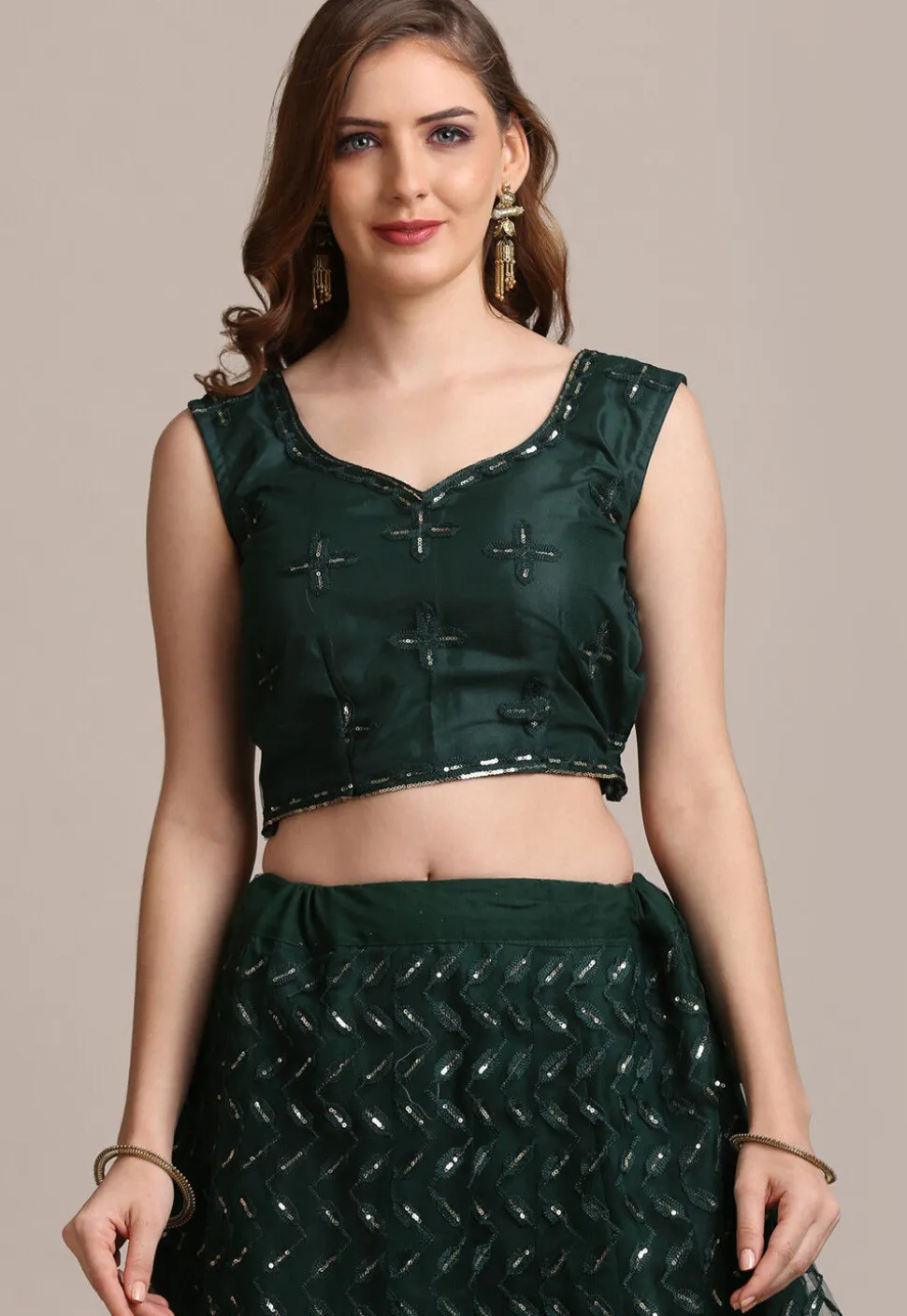 Embroidered Net Lehenga in Dark Green