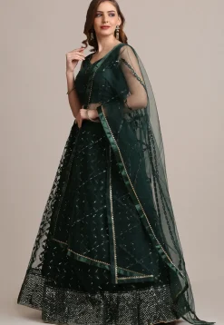 Embroidered Net Lehenga in Dark Green