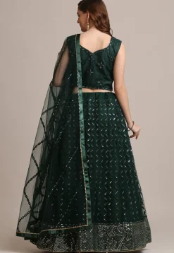 Embroidered Net Lehenga in Dark Green