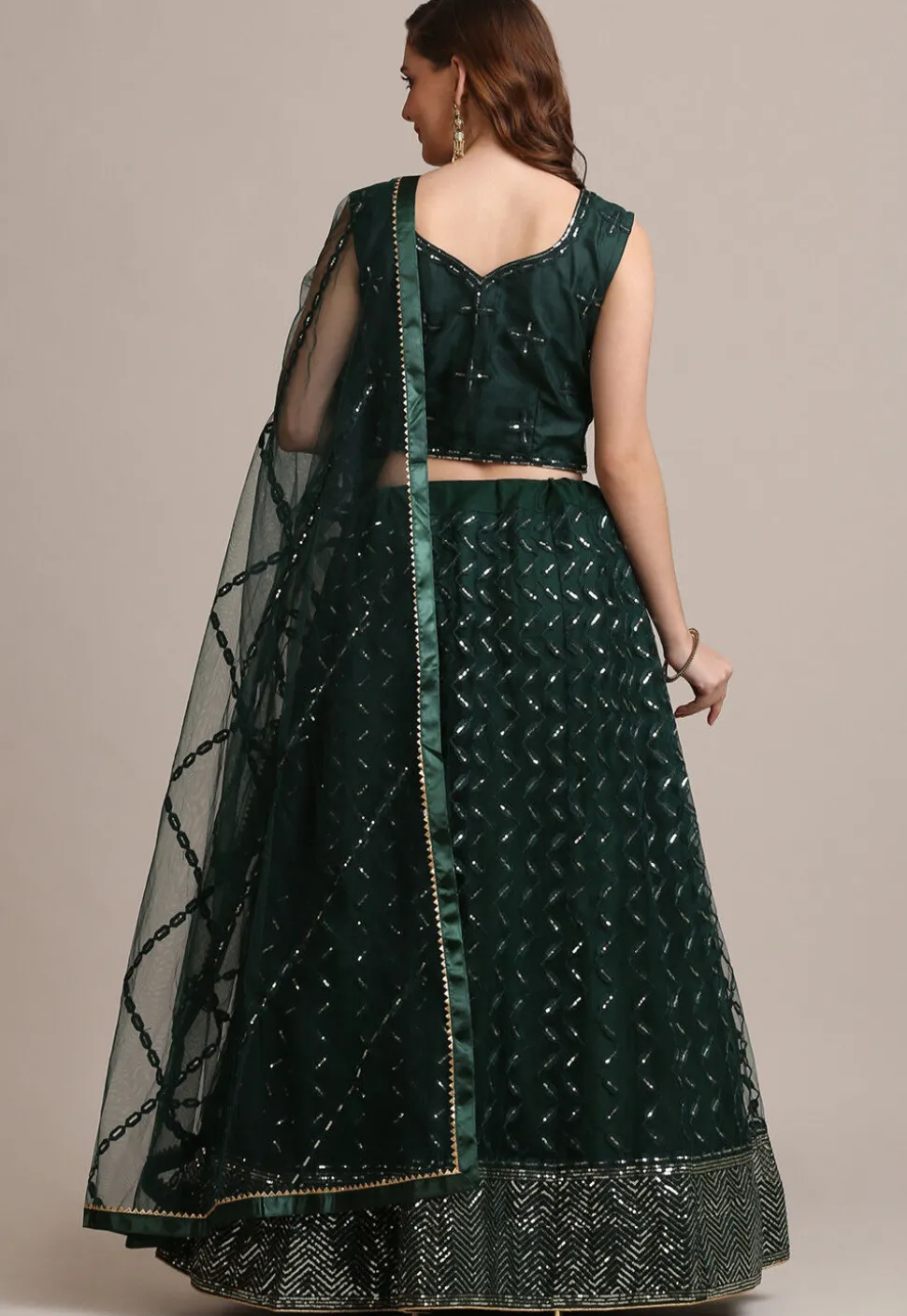 Embroidered Net Lehenga in Dark Green