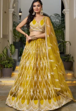 Embroidered Net Lehenga in Mustard