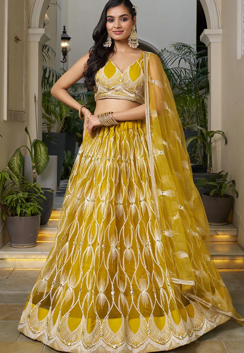 Embroidered Net Lehenga in Mustard
