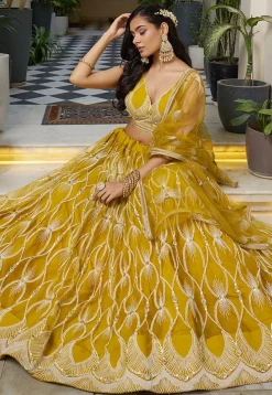 Embroidered Net Lehenga in Mustard