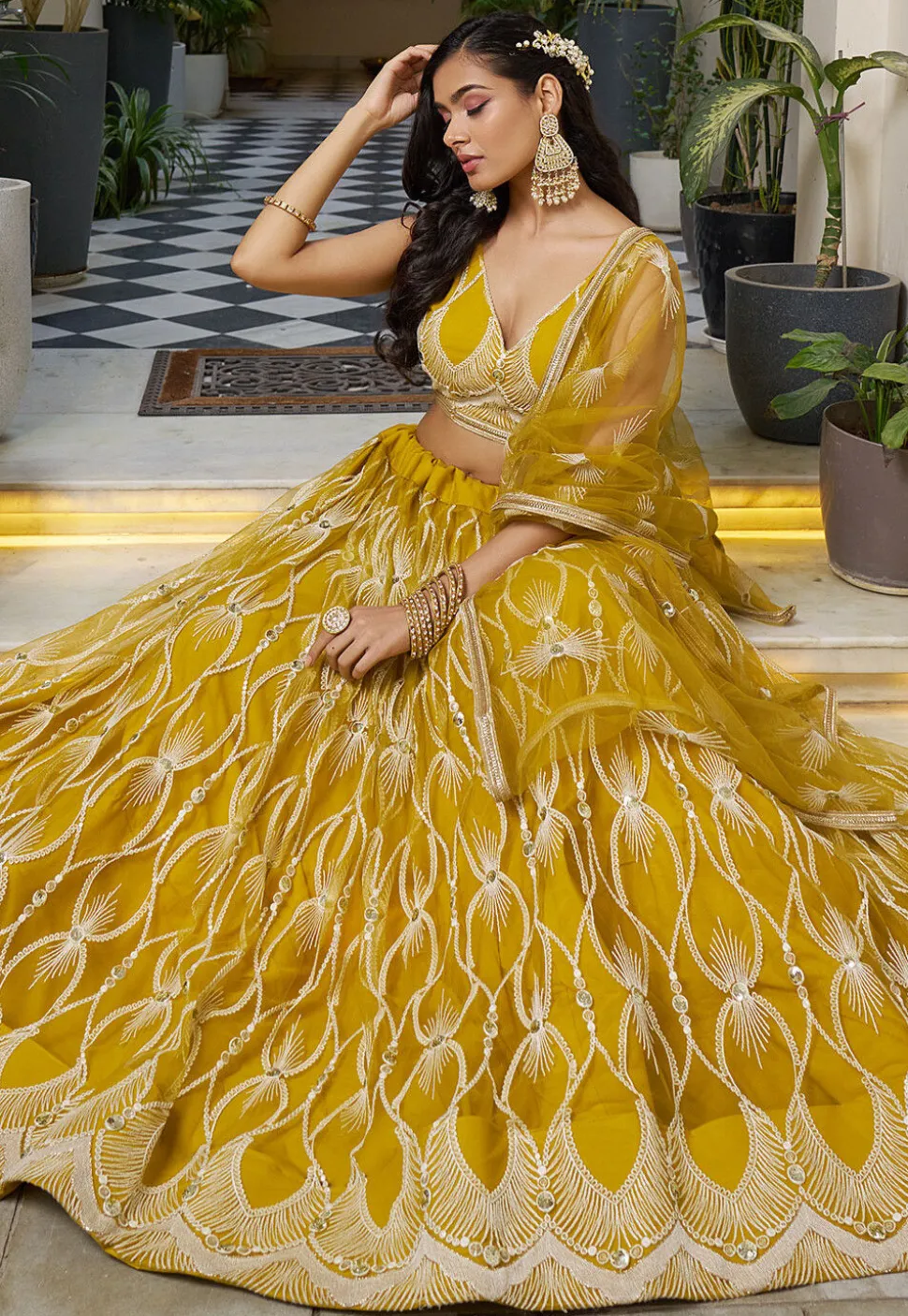 Embroidered Net Lehenga in Mustard