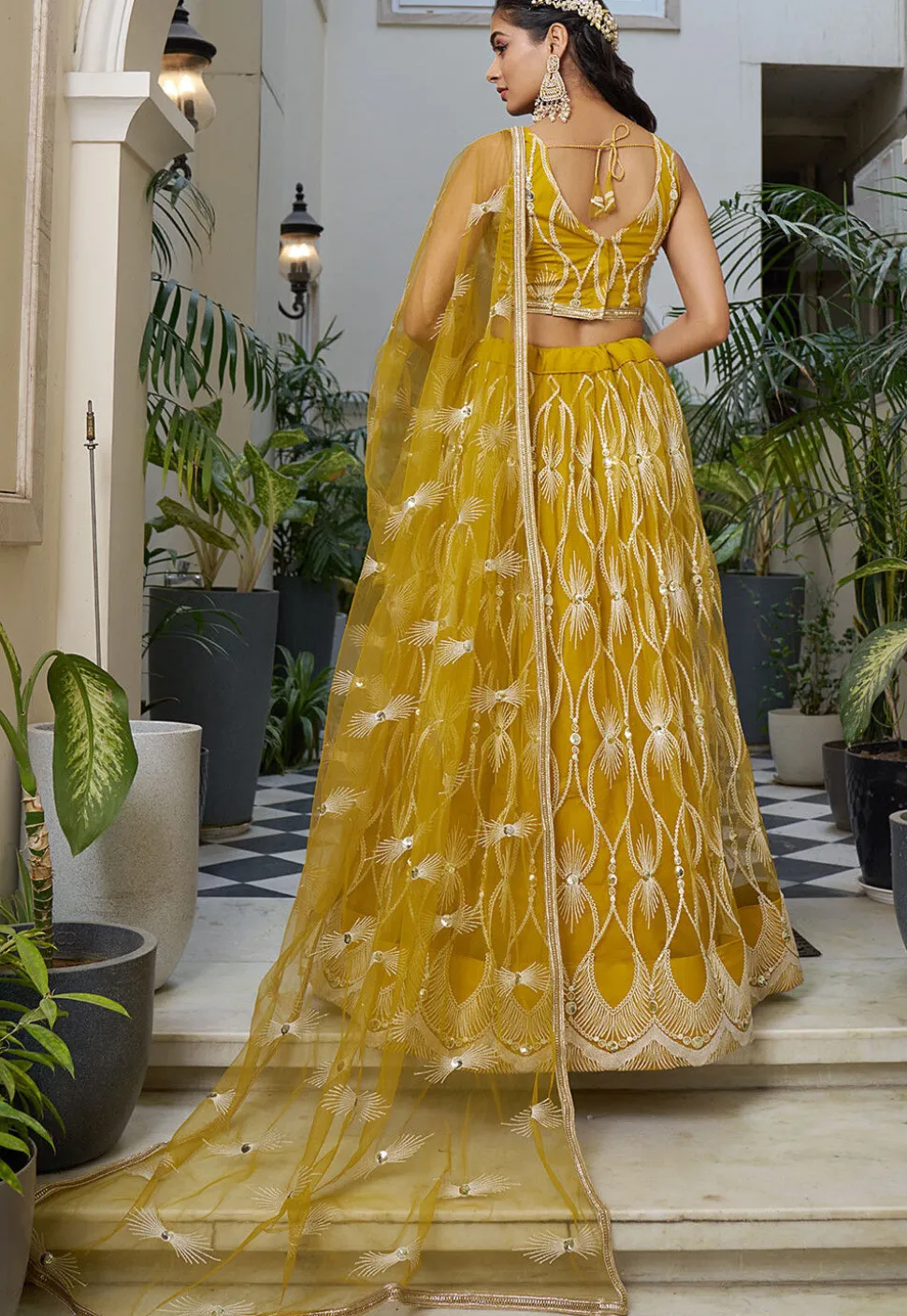 Embroidered Net Lehenga in Mustard