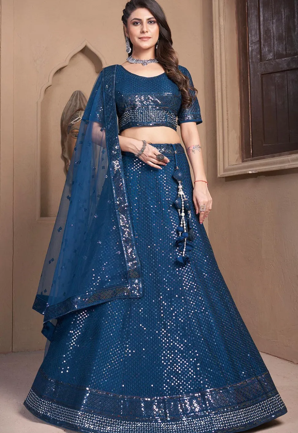 Embroidered Net Lehenga in Teal Blue