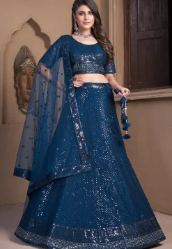 Embroidered Net Lehenga in Teal Blue