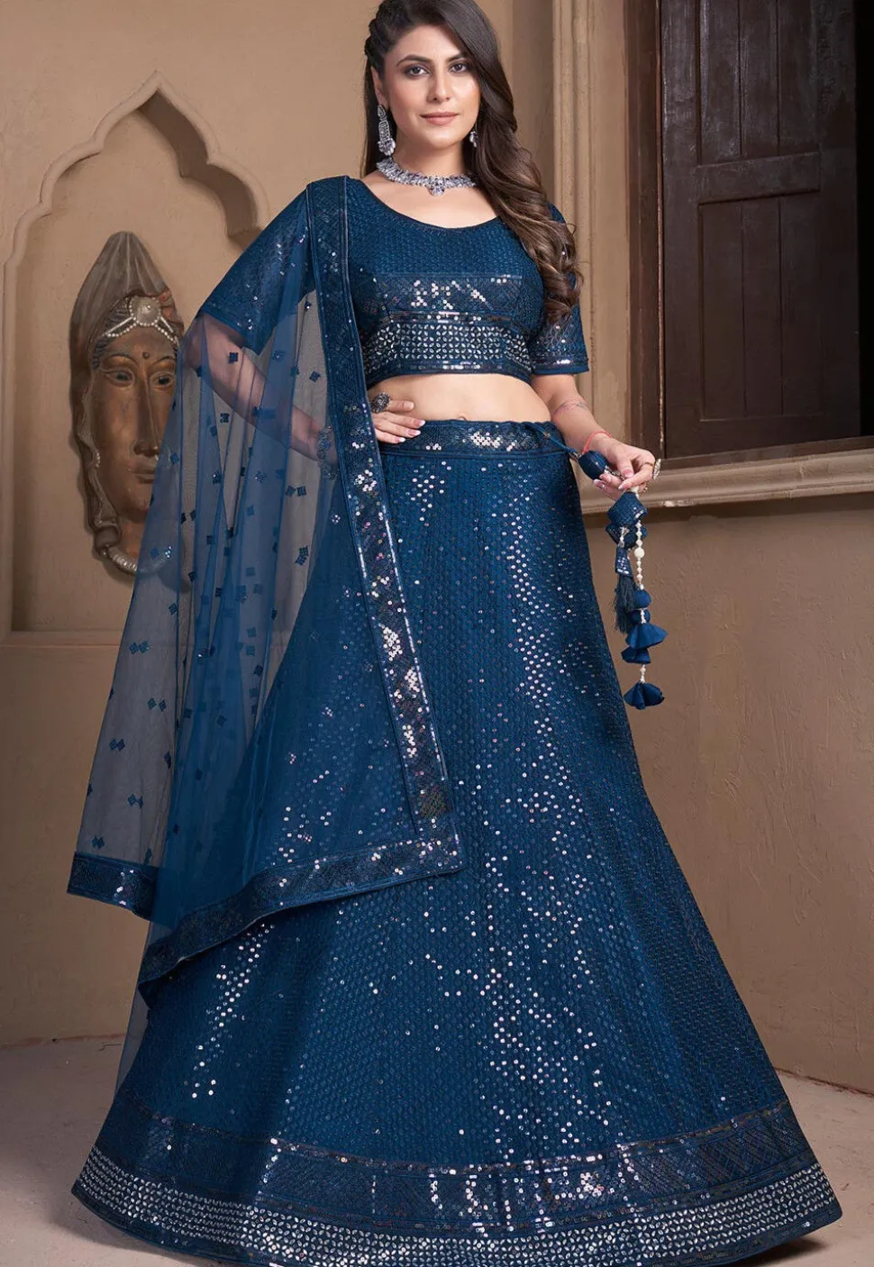Embroidered Net Lehenga in Teal Blue