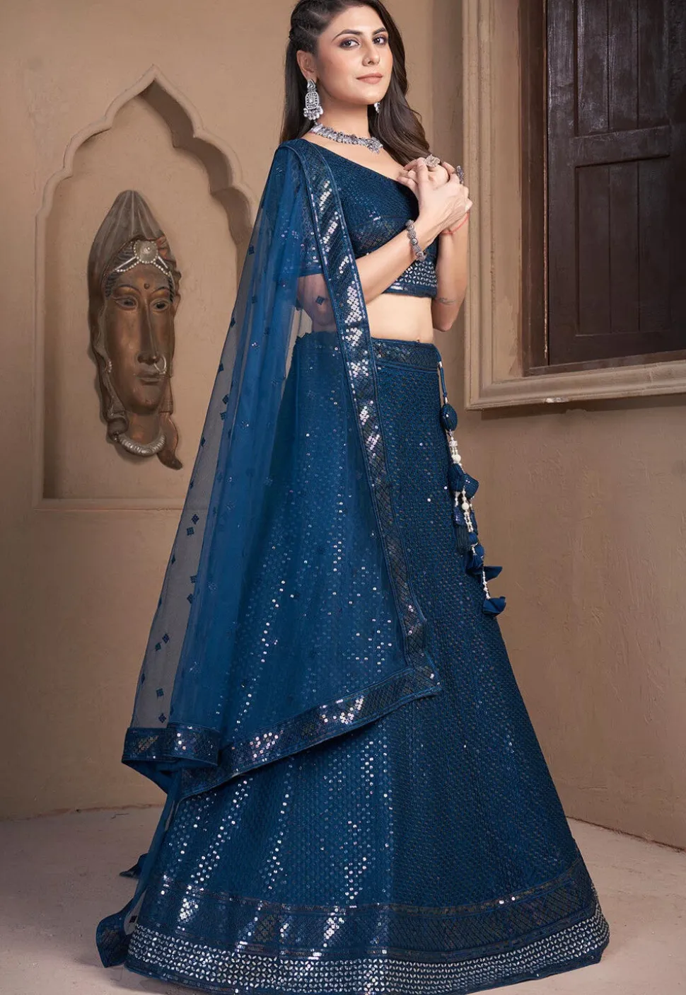 Embroidered Net Lehenga in Teal Blue
