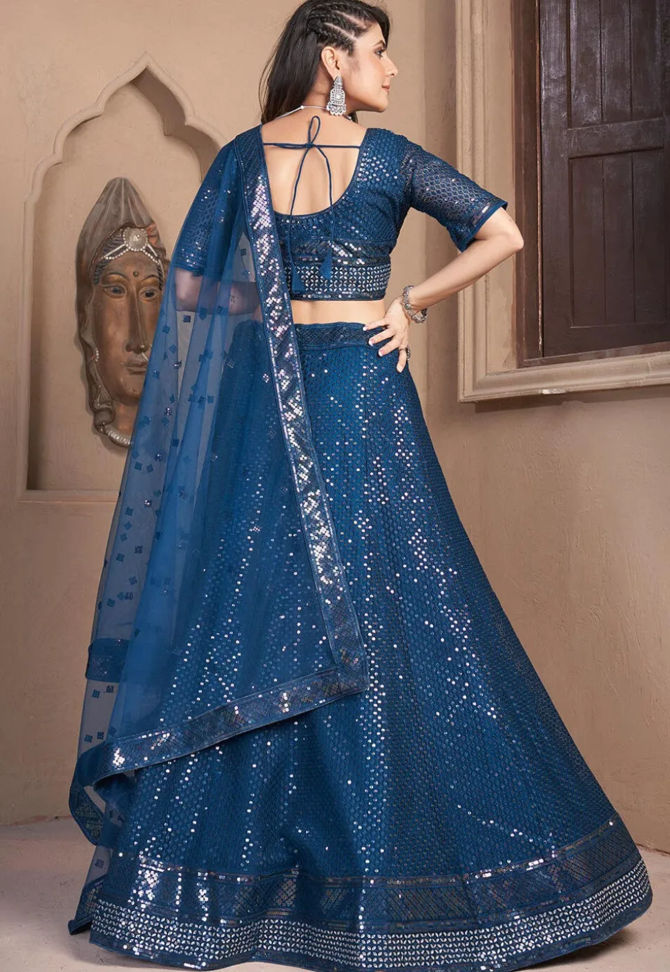 Embroidered Net Lehenga in Teal Blue