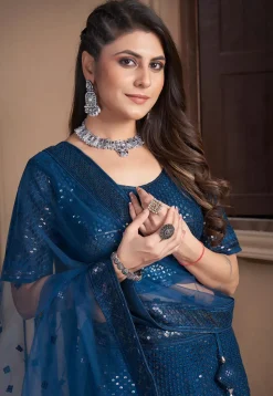 Embroidered Net Lehenga in Teal Blue