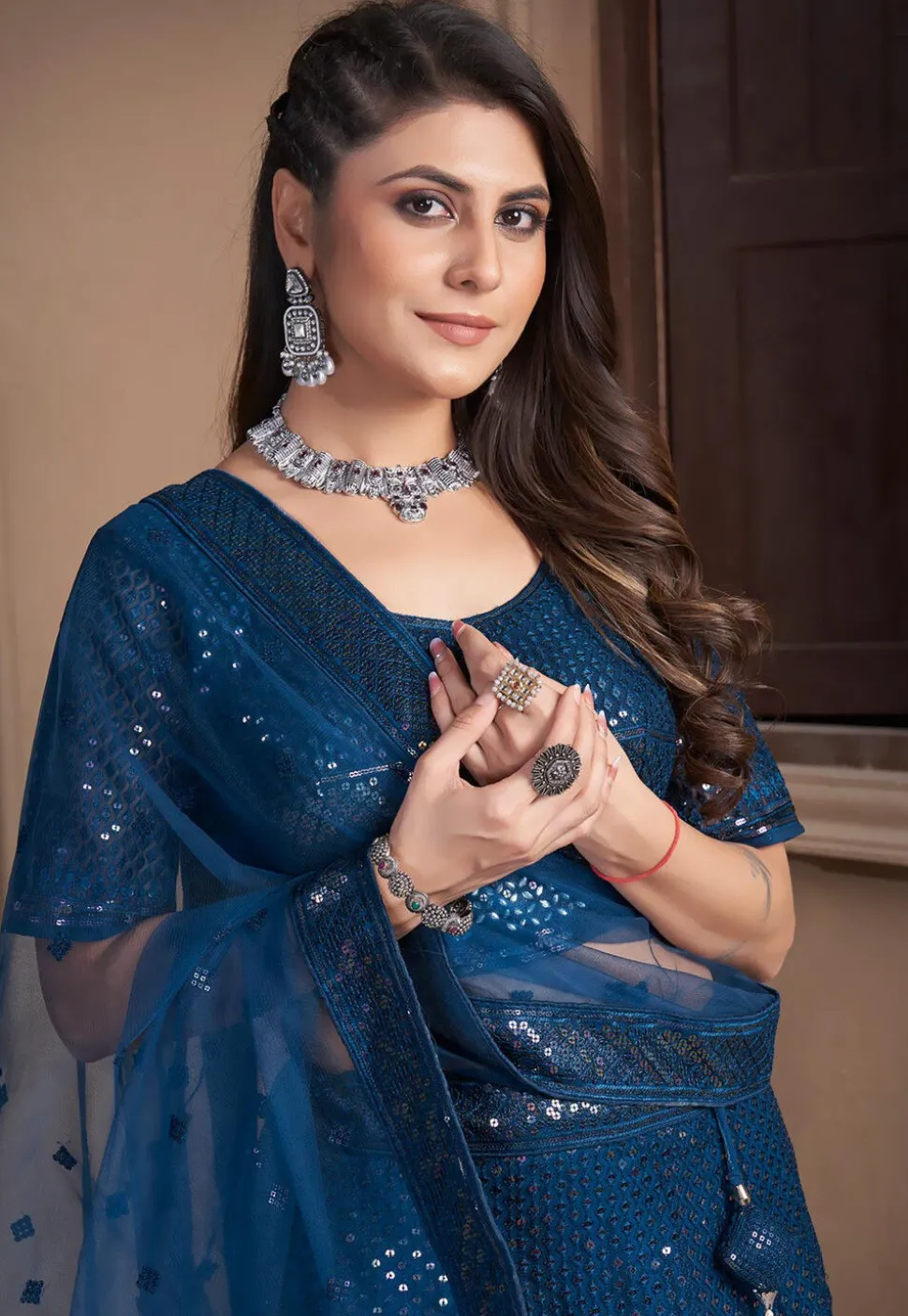 Embroidered Net Lehenga in Teal Blue