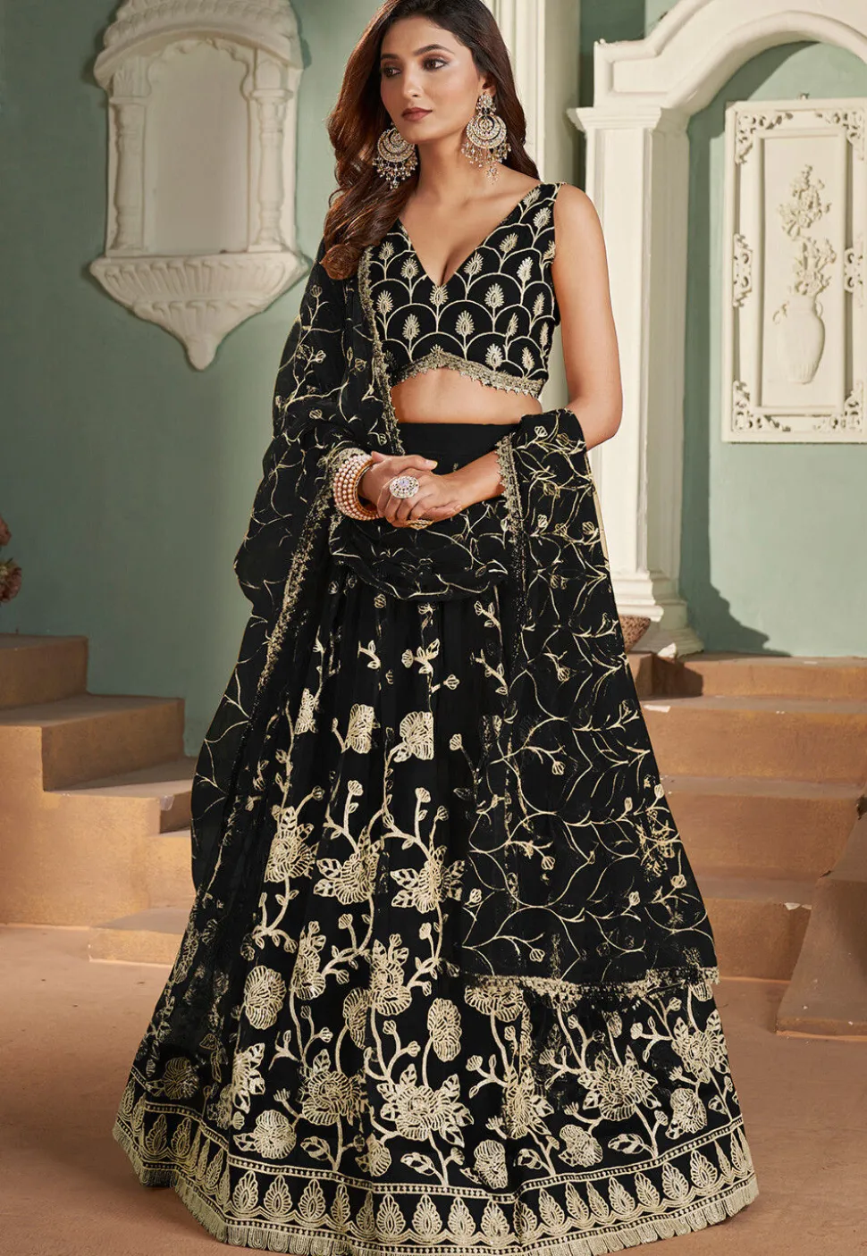 Embroidered Net Lehenga in Black