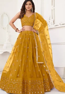 Embroidered Net Lehenga in Mustard
