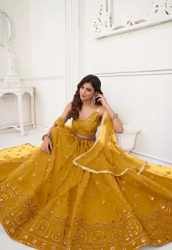 Embroidered Net Lehenga in Mustard