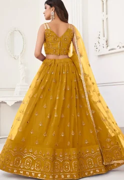 Embroidered Net Lehenga in Mustard