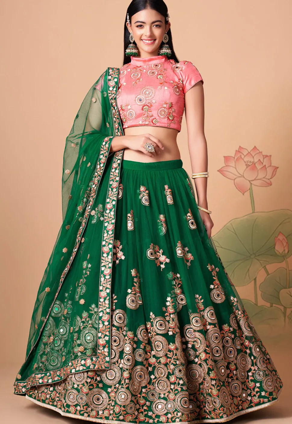 Embroidered Net Lehenga in Green