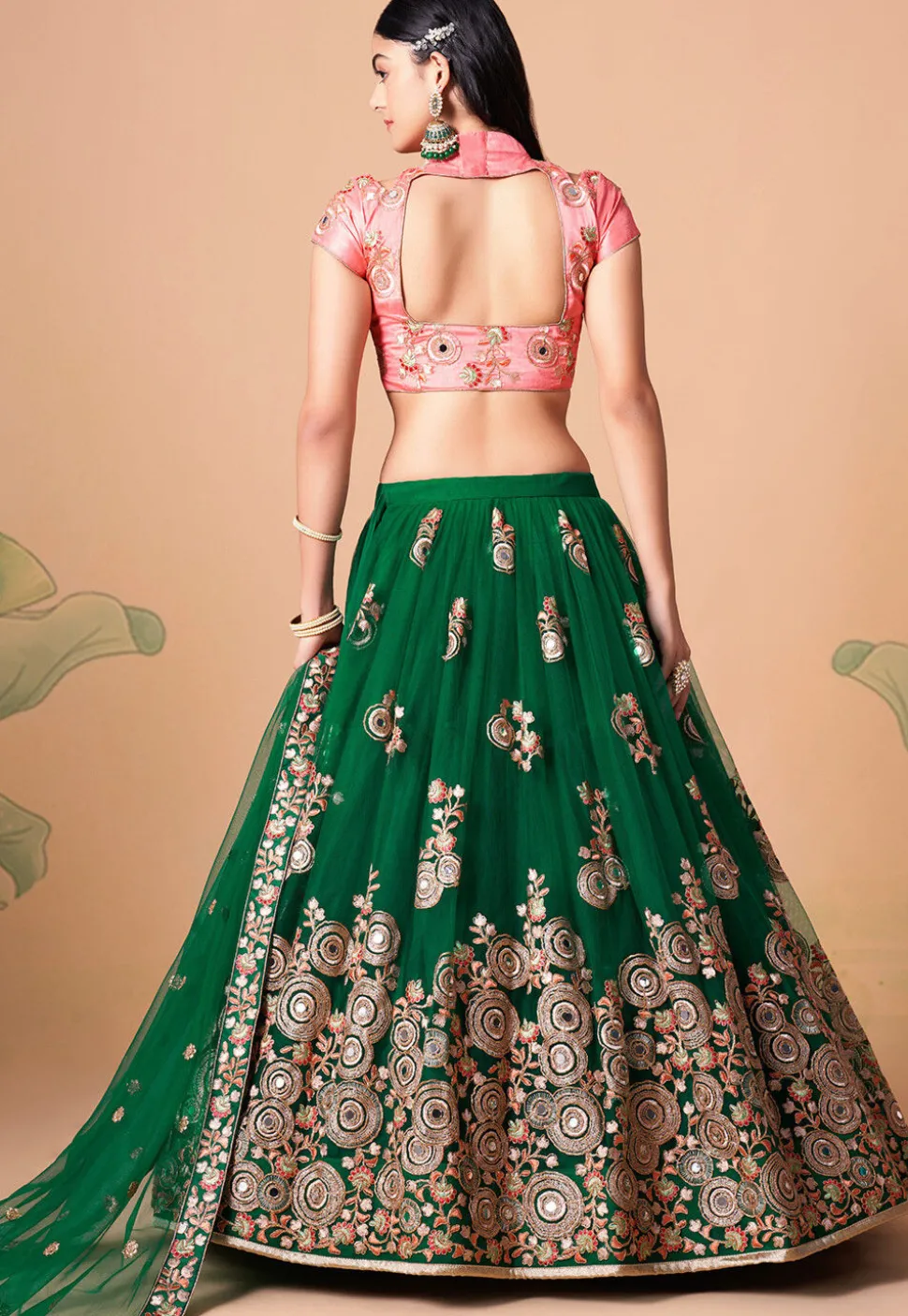 Embroidered Net Lehenga in Green