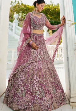 Embroidered Net Lehenga in Purple