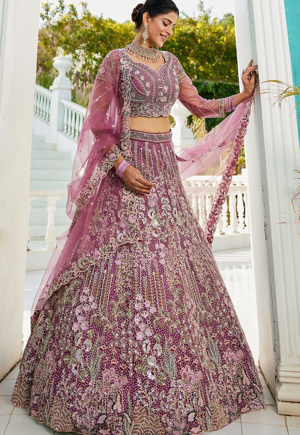 Embroidered Net Lehenga in Purple