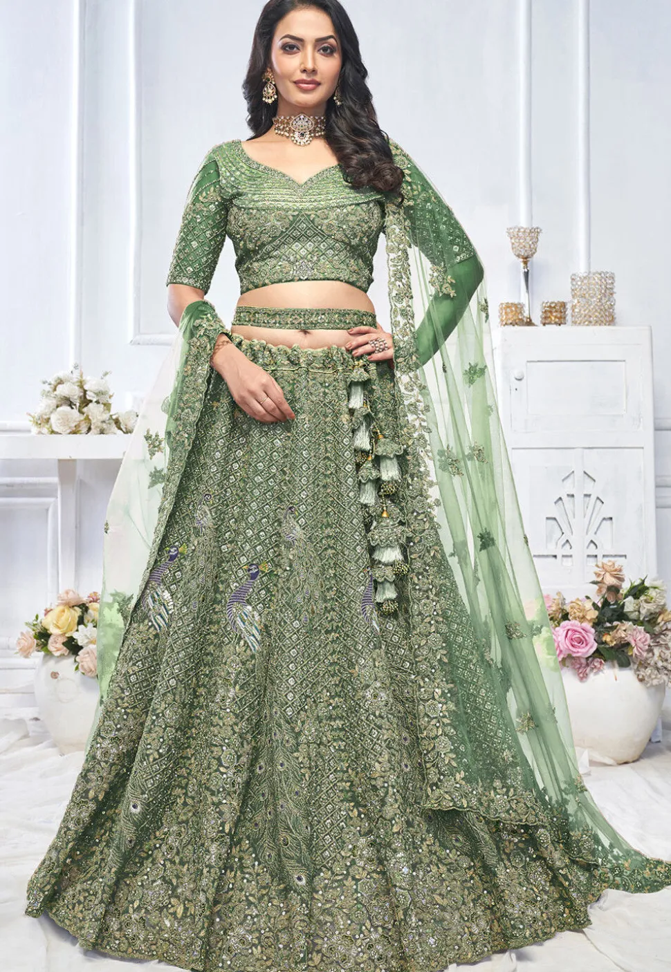 Embroidered Net Lehenga in Green