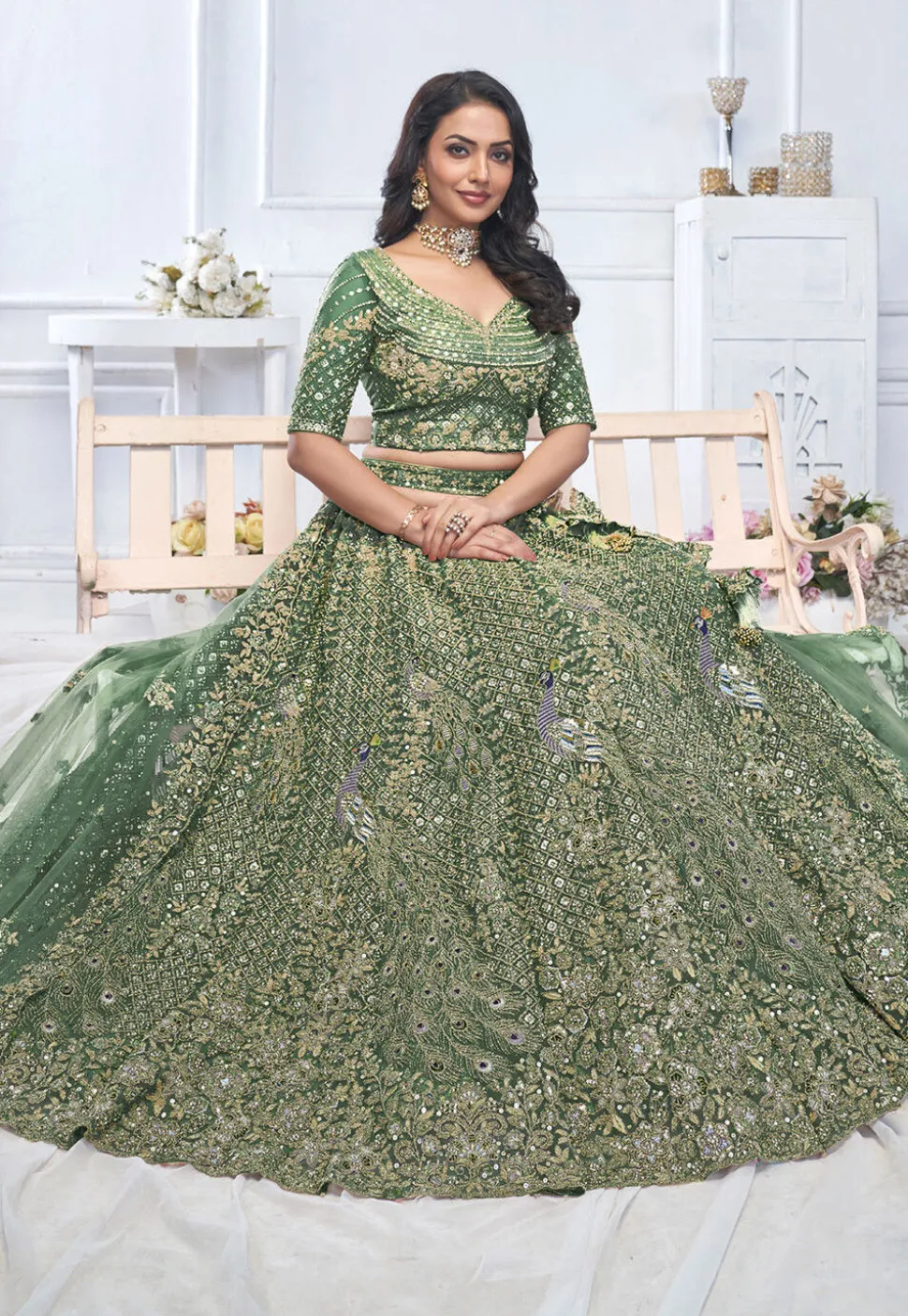 Embroidered Net Lehenga in Green