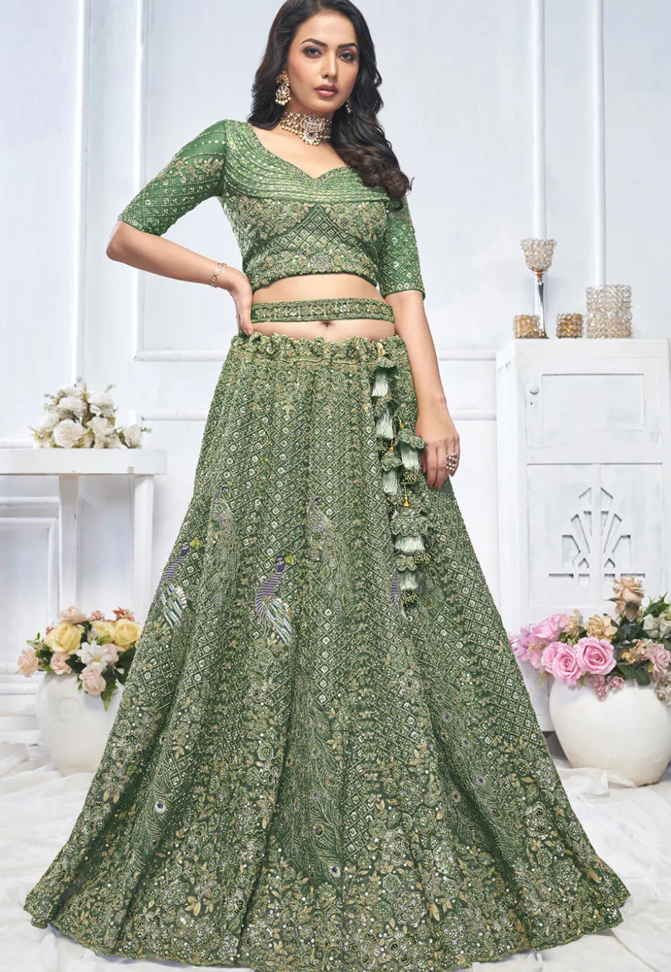 Embroidered Net Lehenga in Green