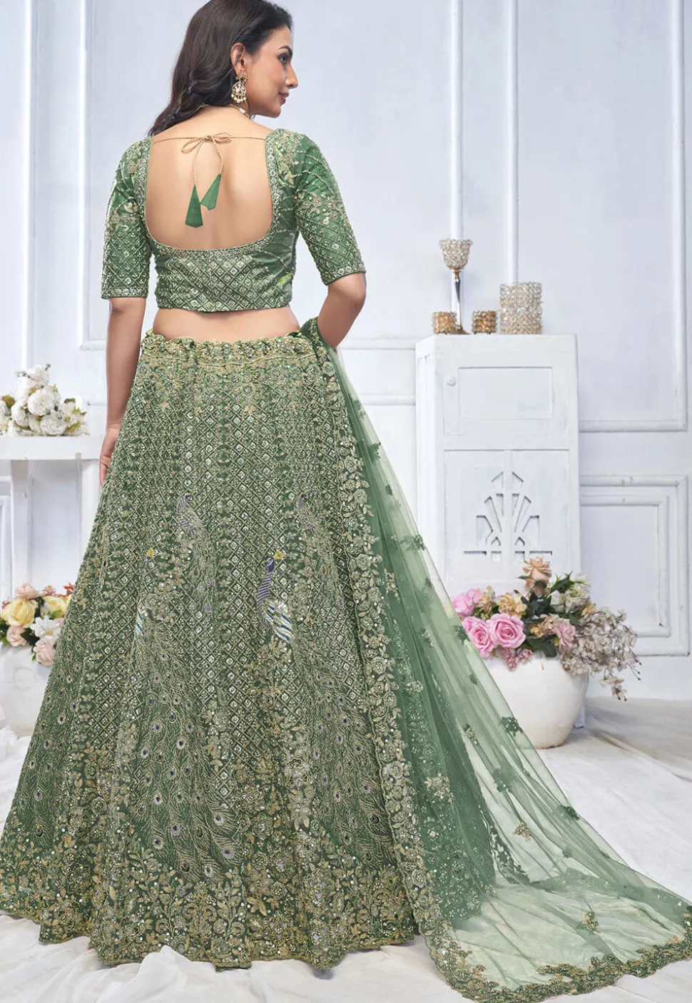 Embroidered Net Lehenga in Green