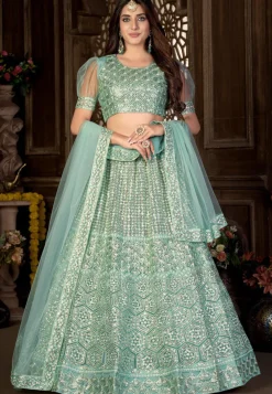 Embroidered Net Lehenga in Sea Green