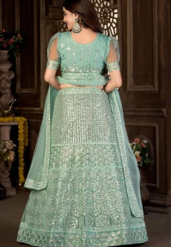 Embroidered Net Lehenga in Sea Green