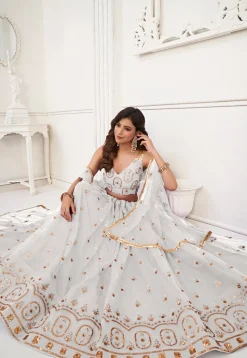 Embroidered Net Lehenga in Off White