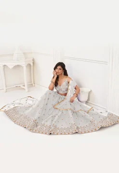Embroidered Net Lehenga in Off White