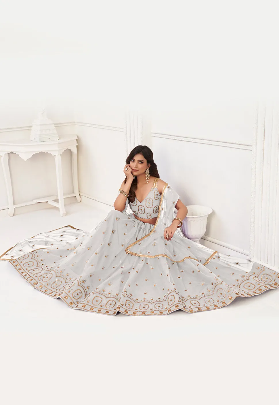 Embroidered Net Lehenga in Off White